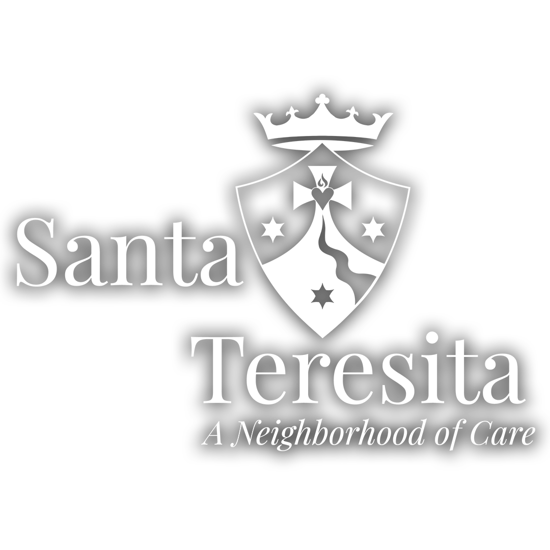 Santa Teresita Logo in white with dropshadow
